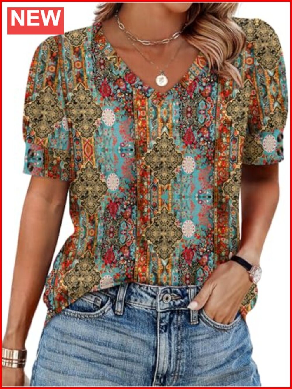 Women's Short Sleeve V-Neck Peasant Top Loose Fit Plus Size